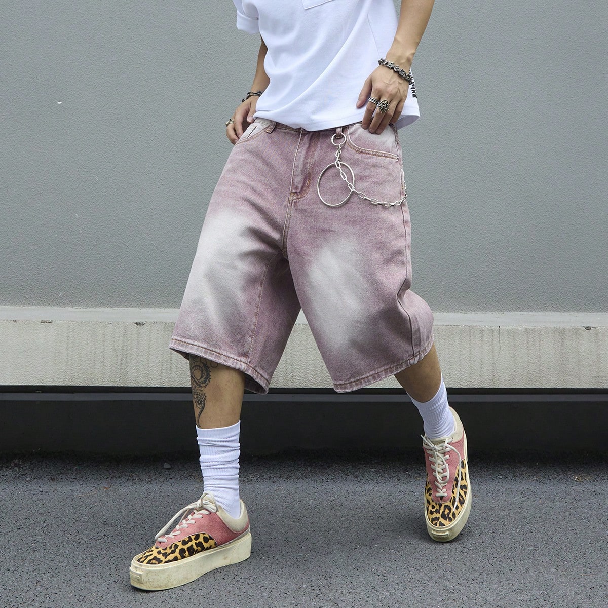 Street Fashion Baggy - Shorts en jean dégradé rose pour