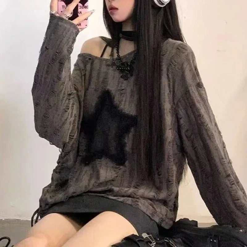 Y2K trou étoile imprimé T-Shir - Street Fashion Kpop avis et prix