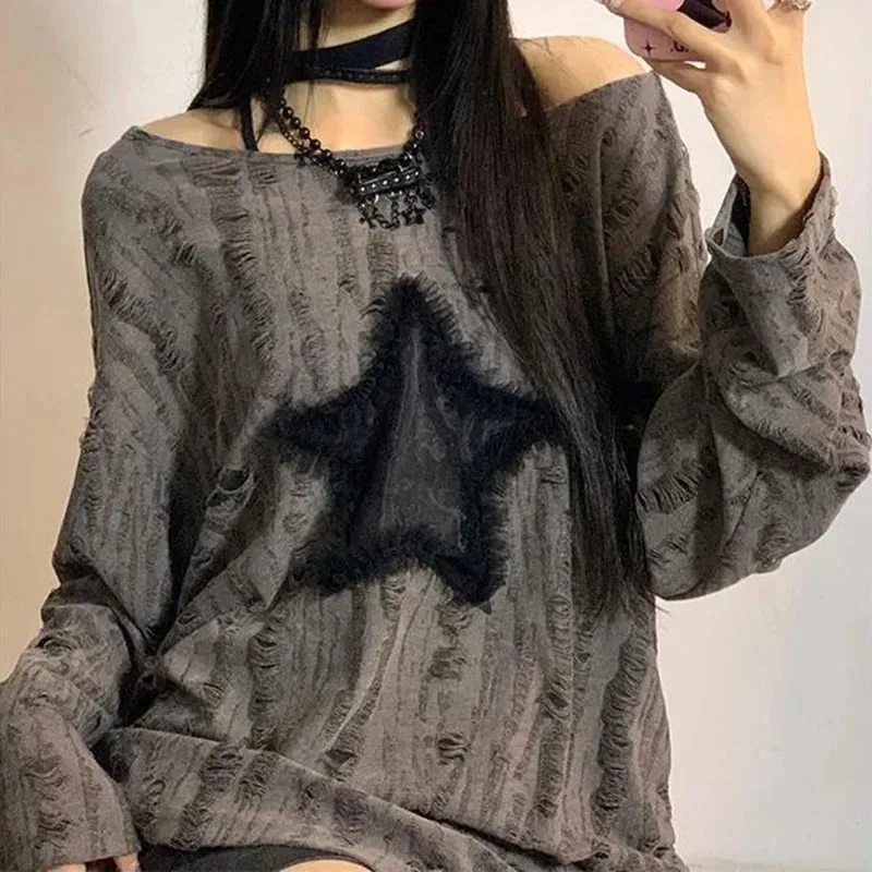 Y2K trou étoile imprimé T-Shir - Street Fashion Kpop avis et prix