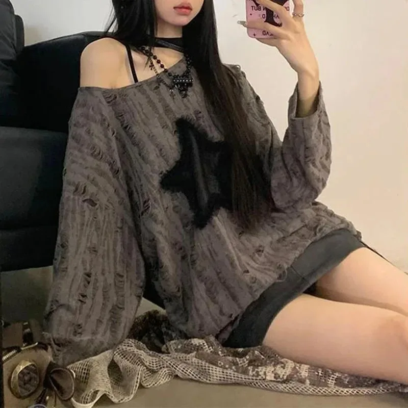 Y2K trou étoile imprimé T-Shir - Street Fashion Kpop avis et prix